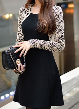Embroidered Lace Sleeves Dress - Black